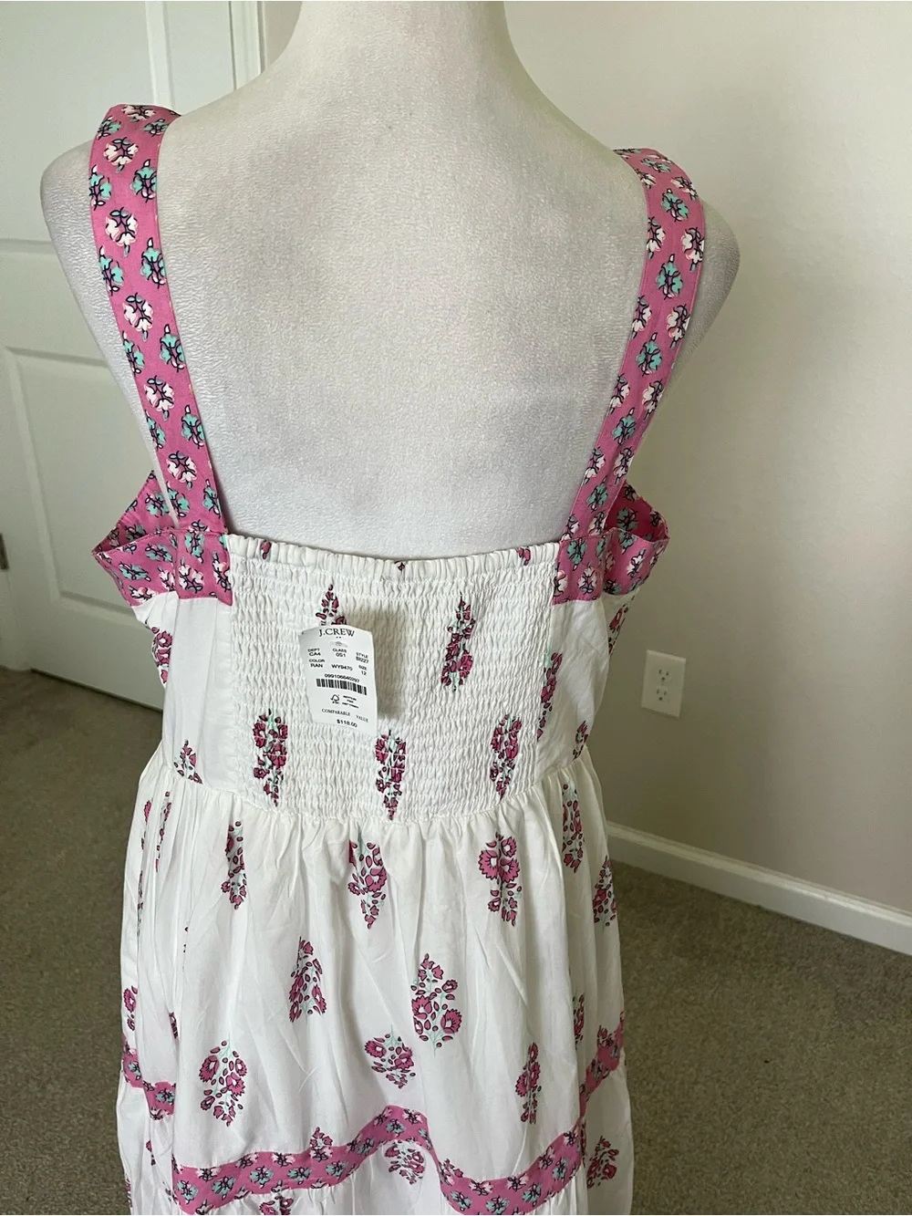 NWT J. Crew White Midi Dress with Pink Floral Trim Size 12